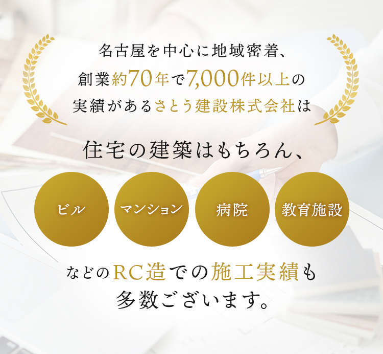 名古屋を中心に地域密着、創業約70年で7,000件以上の実績があるさとう建設会社は住宅の建築はもちろん、ビル・マンション・病院・教育施設などのRC造での施工実績も多数ございます。